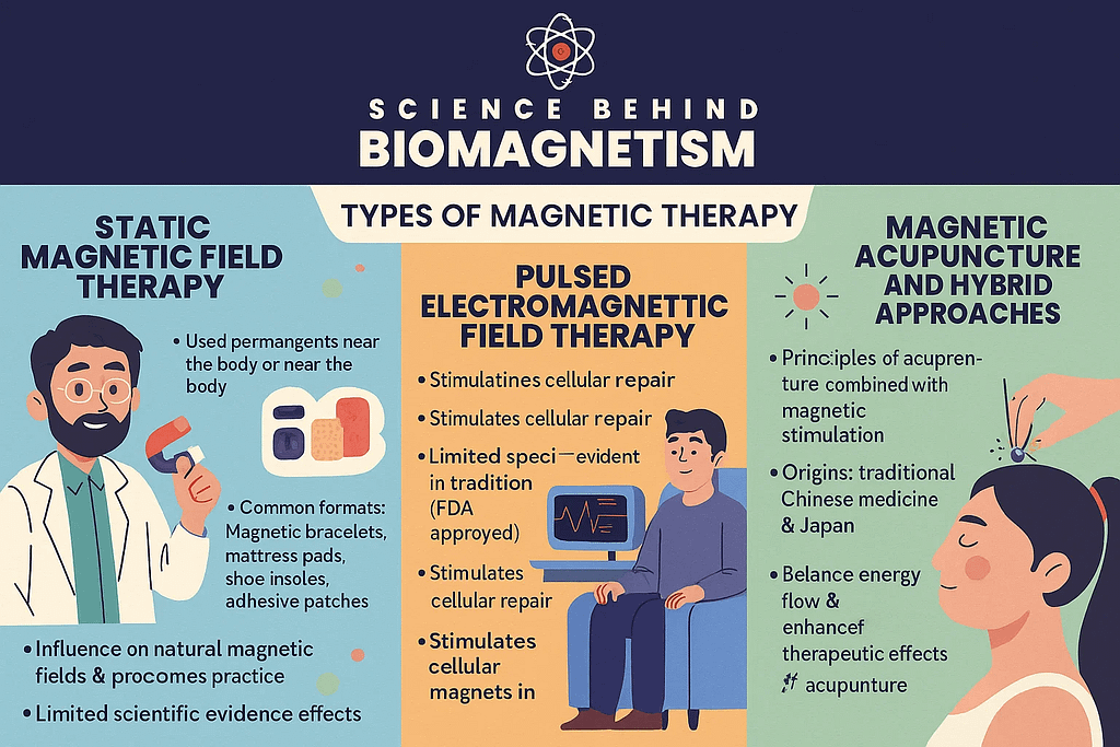 Scientific illustration of biomagnetism benefits including restoring magnetic balance, improved blood flow, ion channel modulation, electromagnetic transduction, and neural modulation.