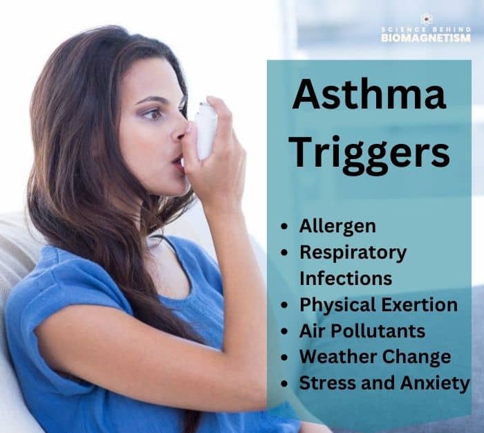 A person using an inhaler, with text listing common asthma triggers: allergens, respiratory infections, physical exertion, air pollutants, weather changes, stress, and anxiety.
