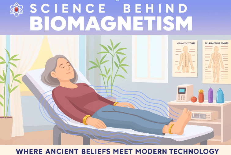Woman receiving biomagnetism therapy on a treatment bed with therapeutic magnets, representing the science behind biomagnetism where ancient beliefs meet modern technology