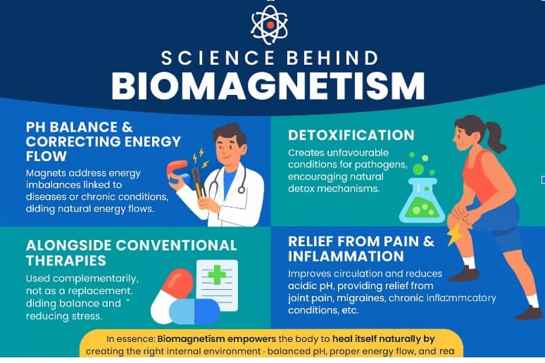 Science behind biomagnetism showing stress relief, emotional well-being, immunity support, and elevated energy levels.