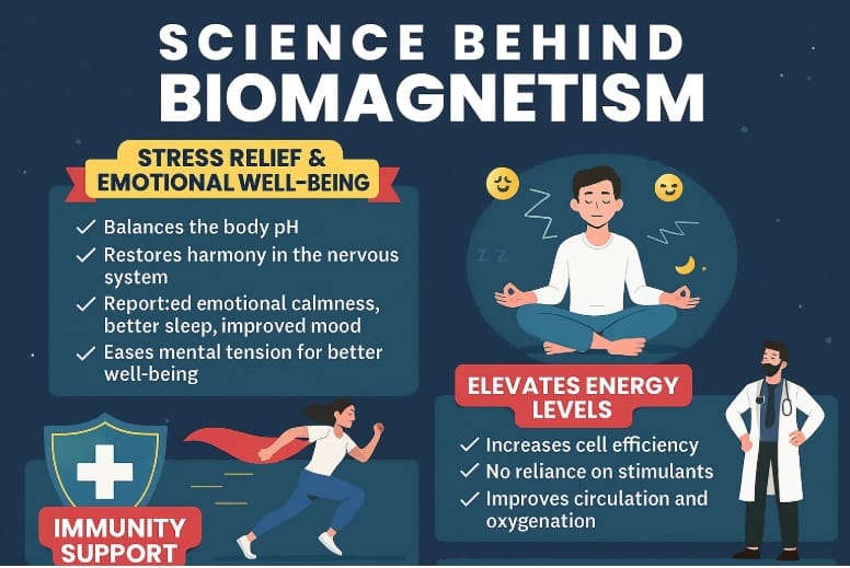 Science behind biomagnetism showing stress relief, emotional well-being, immunity support, and elevated energy levels.