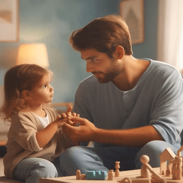 a man and a child playing with wooden toys