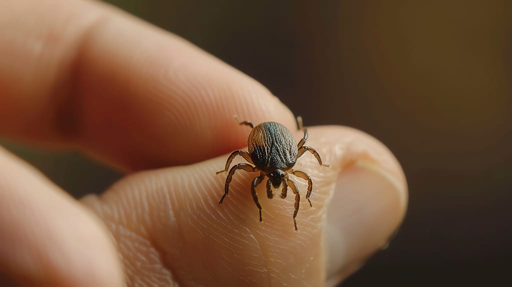 A close-up of a tick on a human finger.